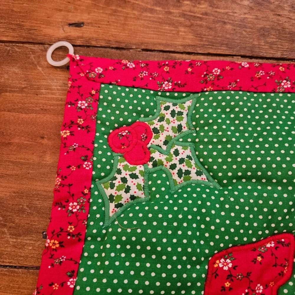 VTG Handmade Quilted JOY Christmas Wall Hanging Holly Holiday Fabric Banner